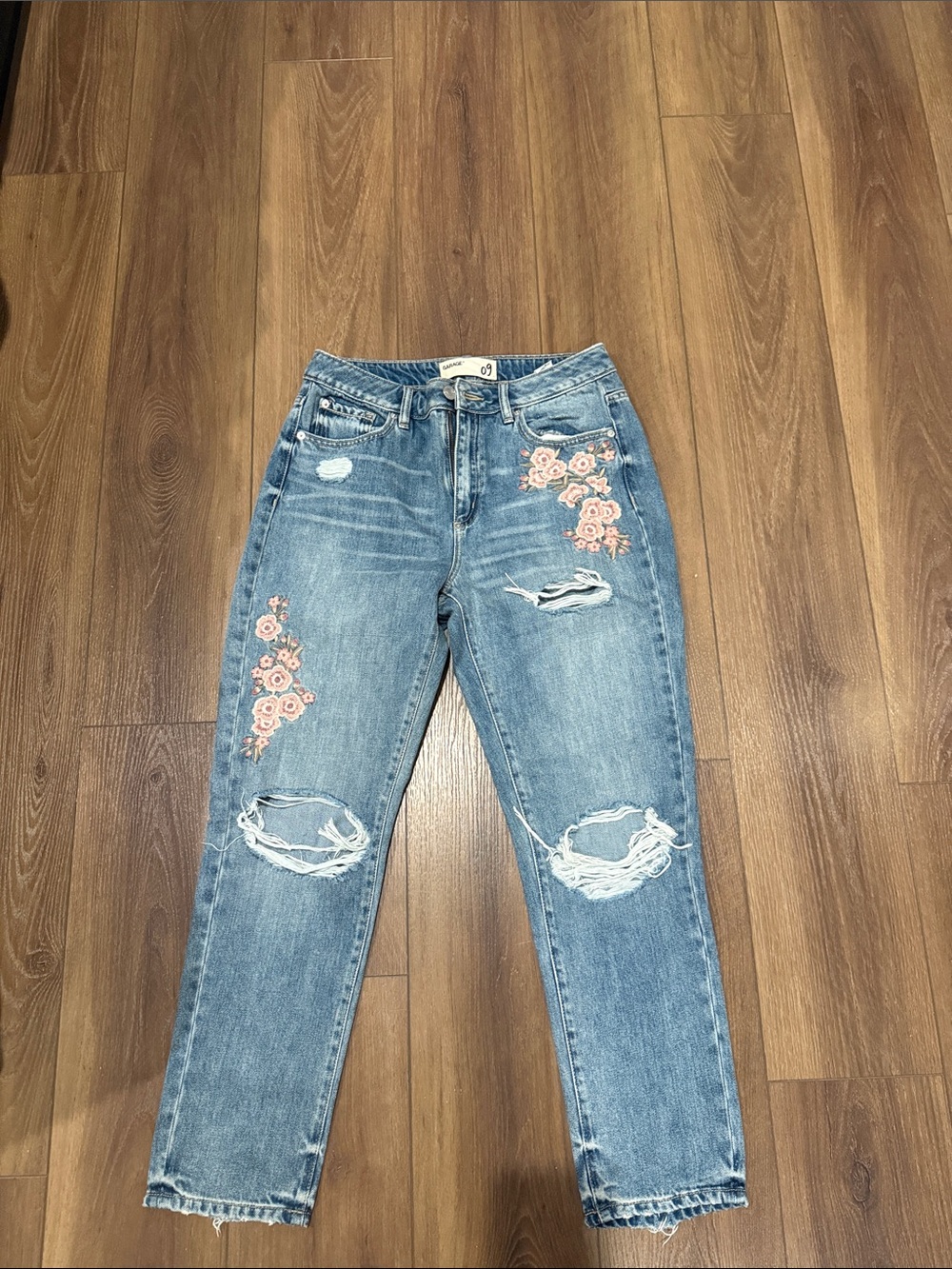 Garage Light Blue Boyfriend Jeans with Peach Floral Embroidery